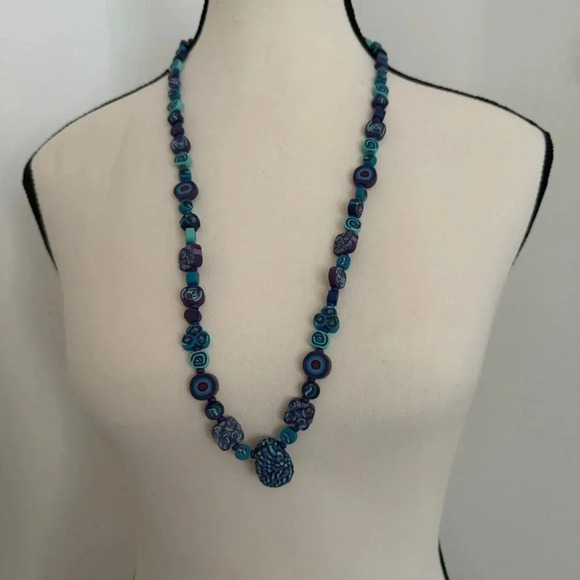 Clay Beaded Necklace- Long strand- Handmade- Clay beads - Picture 1 of 7